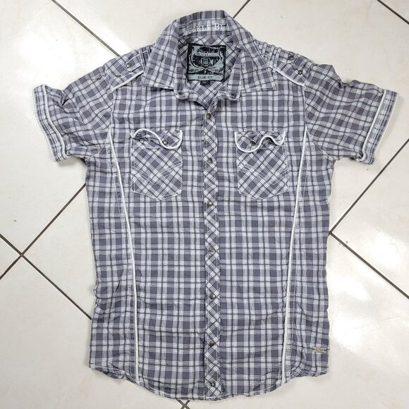 Buckle Black Snap Shirt Men's Size Medium Slim Fit‎ Stretch Short Sleeve Button - Picture 1 of 7